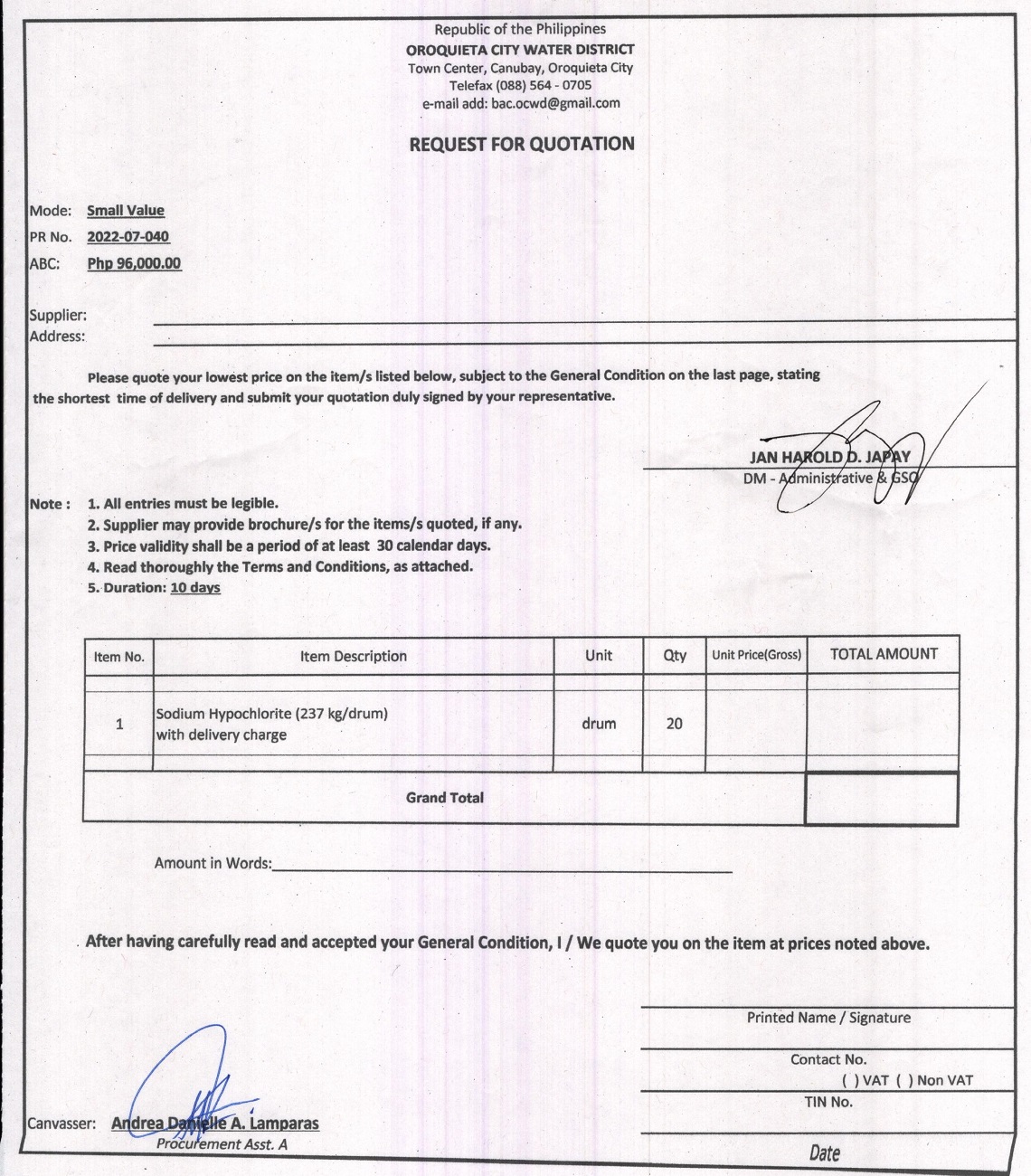 Rfq For Supply And Delivery Of Drums Sodium Hypochlorite Per Pr No