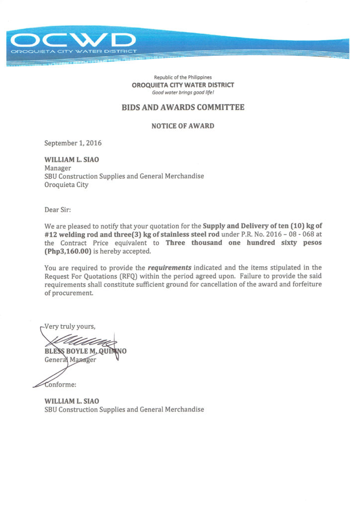 Notice of Award to SBU Construction Supplies and General Merchandise ...